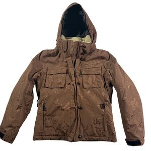 Polar Edge Womens Brown Floral Jacquard Ski Snowboard Jacket Hooded Medium M